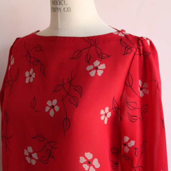 Vintage 1990s 2000s Blouse, Pant-her Red and White Floral Print Shirt Grandma - Picture 4 of 10